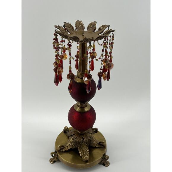 Victorian Baroque Ornate Beaded Ruby Red Glass Brass Candle Holder Prisms - Picture 8 of 11